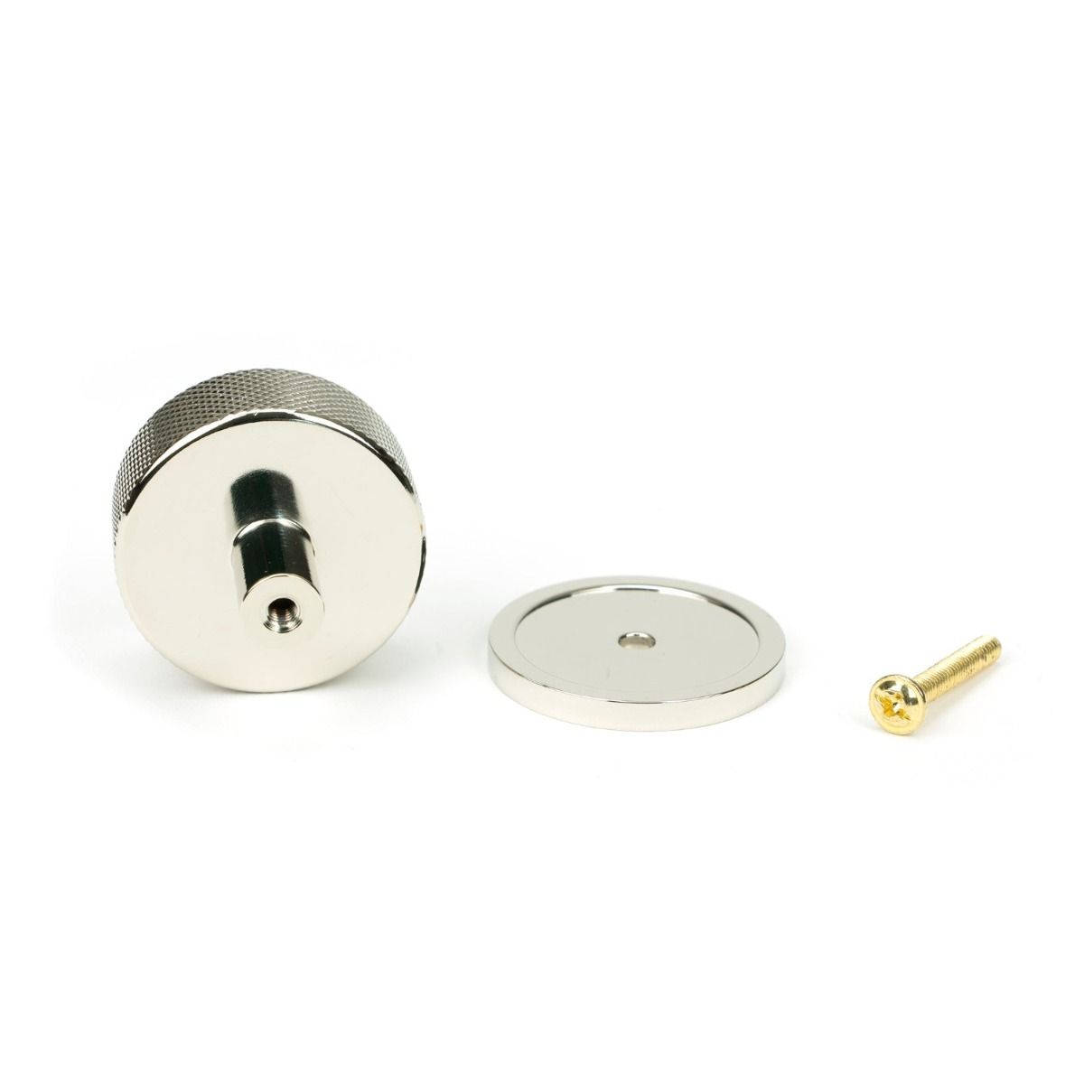 The 38mm Knurled Cabinet Knob on a Plain Rose in Polished Nickel Showing the Separate Components and Supplied Fitting