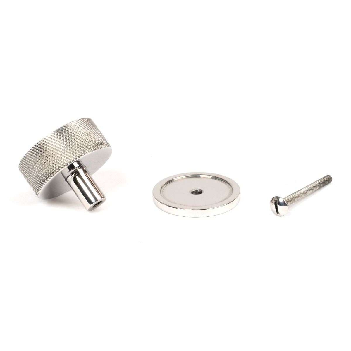 The 38mm Knurled Cabinet Knob on a Plain Rose in Polished Stainless Steel Showing the Separate Components and Supplied Fitting