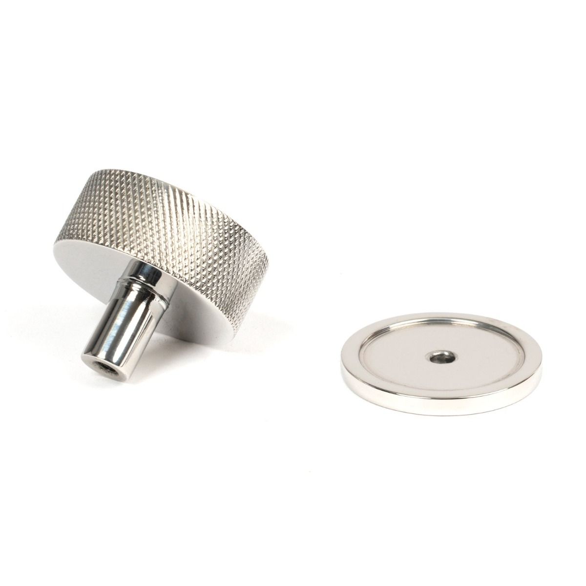 The 38mm Knurled Cabinet Knob on a Plain Rose in Polished Stainless Steel Shown from Behind on a White Background
