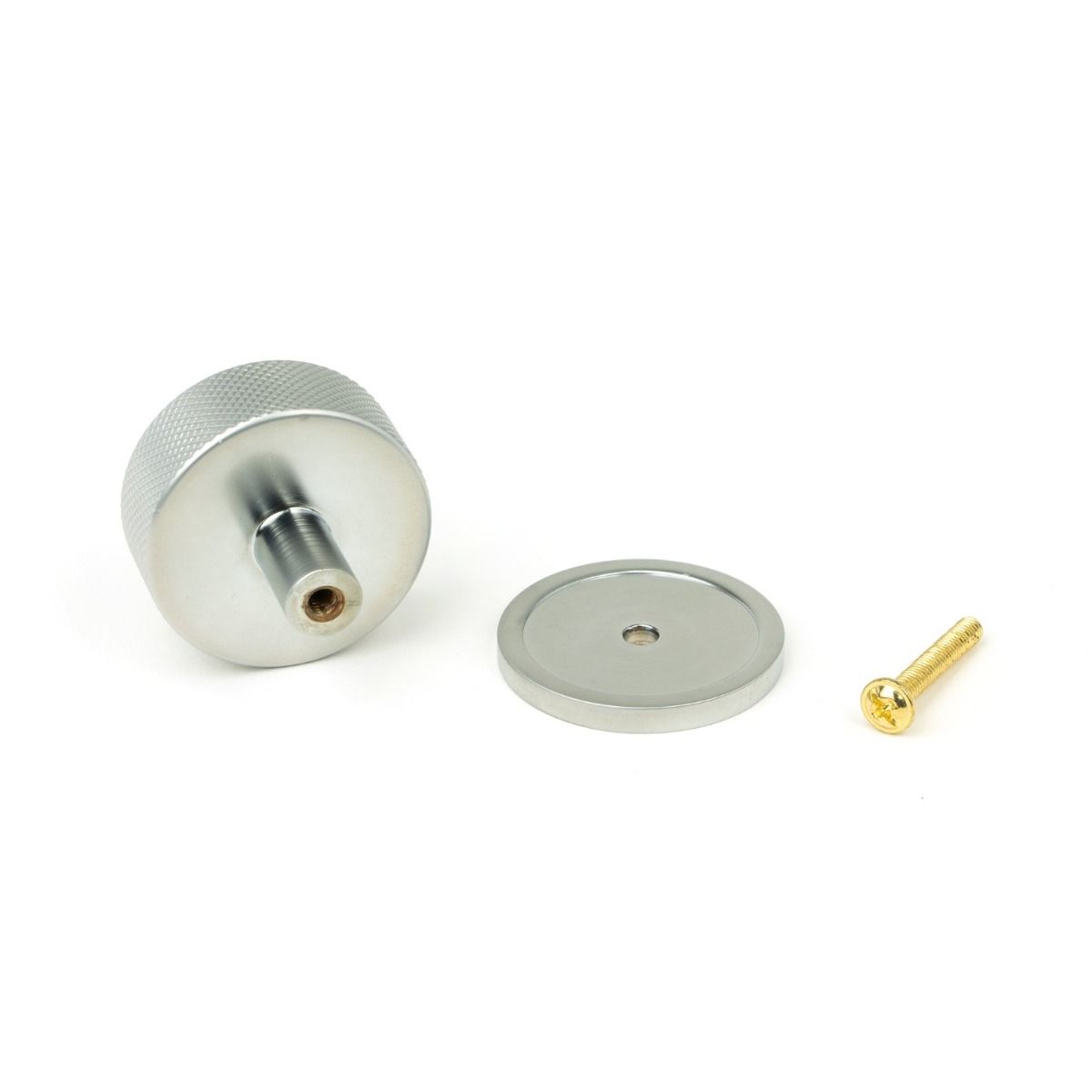 The 38mm Knurled Cabinet Knob on a Plain Rose in Satin Chrome Showing the Separate Components and Supplied Fitting