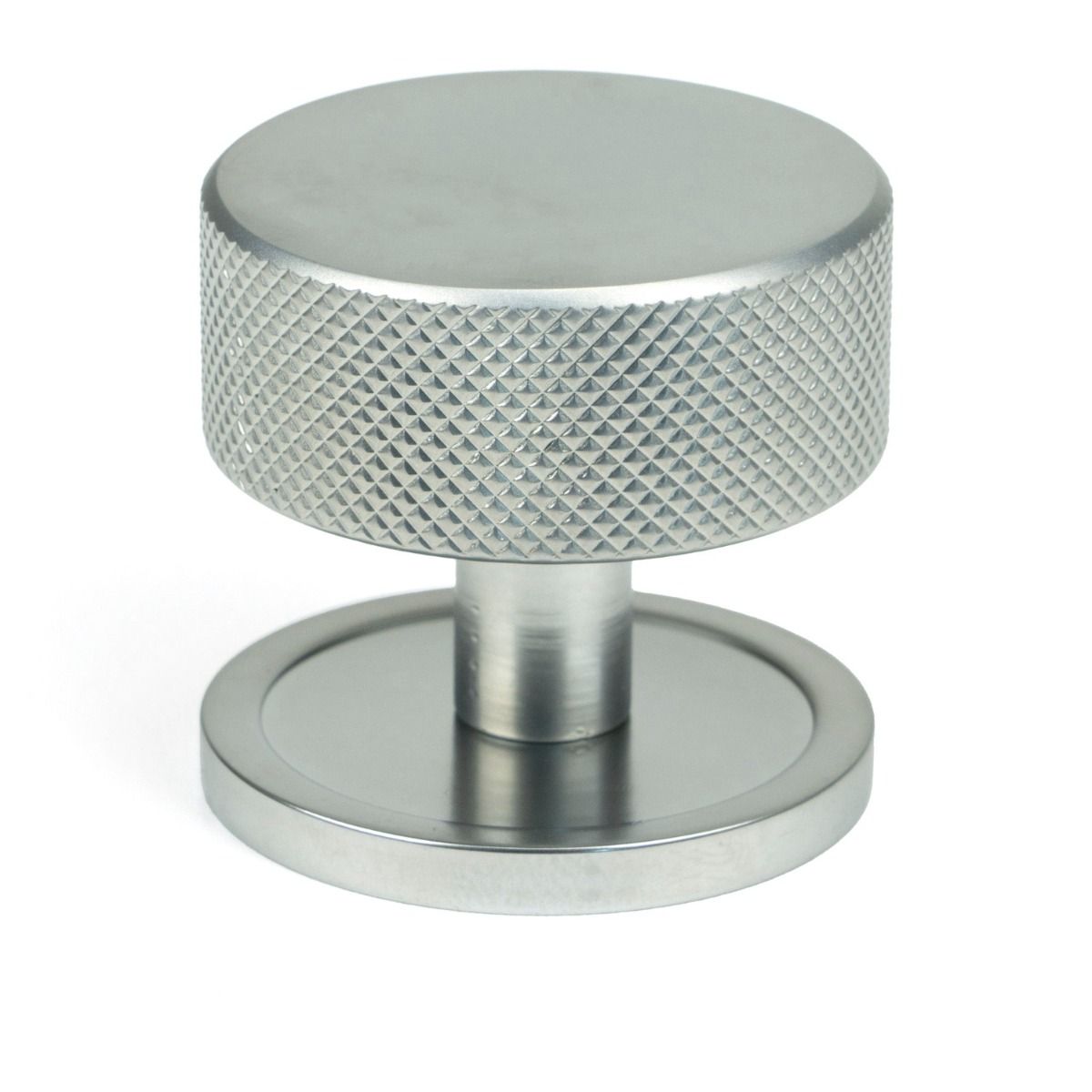 The 38mm Knurled Cabinet Knob on a Plain Rose in Satin Chrome Shown Upright on a White Background