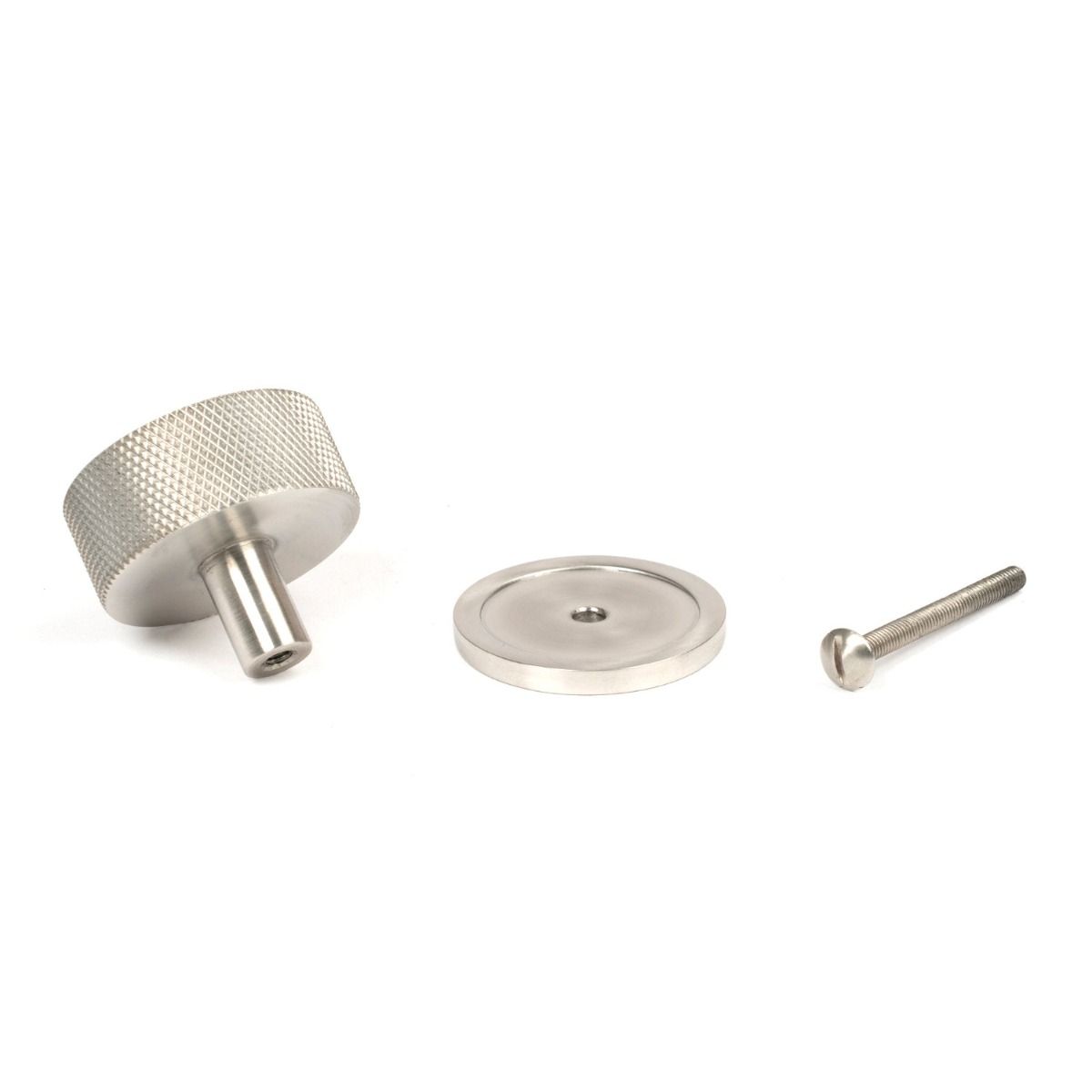 The 38mm Knurled Cabinet Knob on a Plain Rose in Satin Stainless Steel Showing the Separate Components and Supplied Fitting