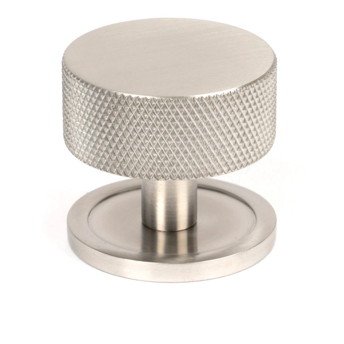 The 38mm Knurled Cabinet Knob on a Plain Rose in Satin Stainless Steel Shown Upright on a White Background