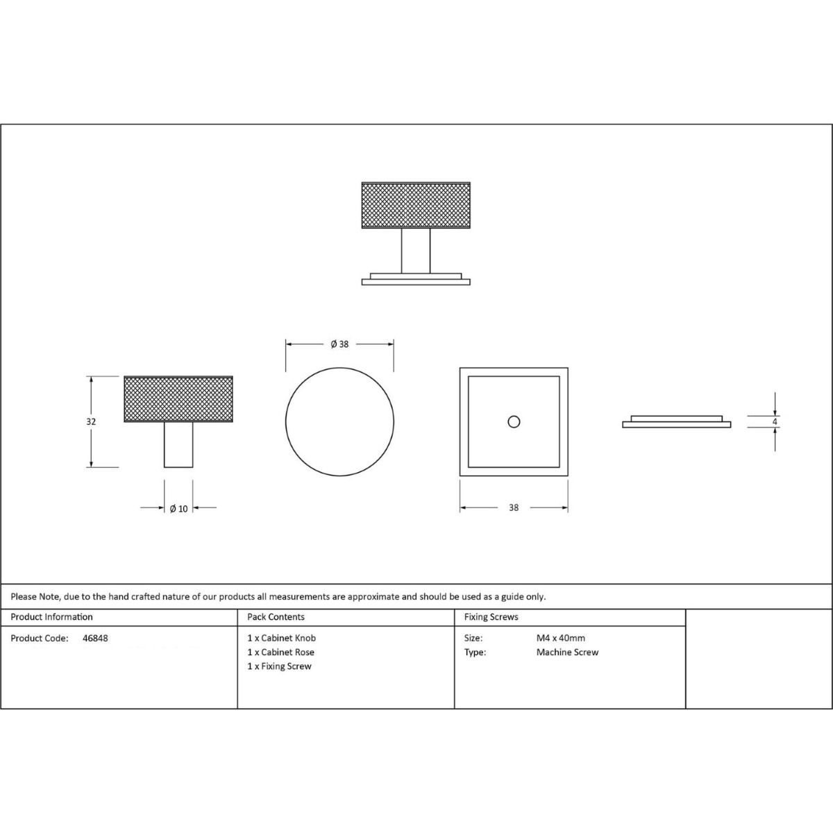 The 38mm Knurled Cabinet Knob on a Square Rose in Polished Brass Technical Drawings and Dimensions 
