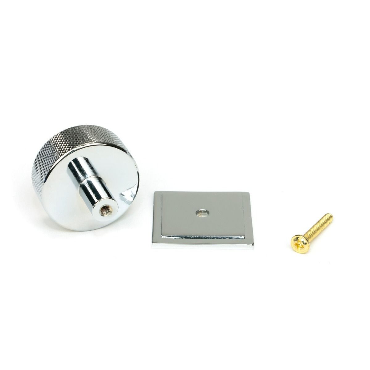 The 38mm Knurled Cabinet Knob on a Square Rose in Polished Chrome Showing the Separate Components and Supplied Fitting