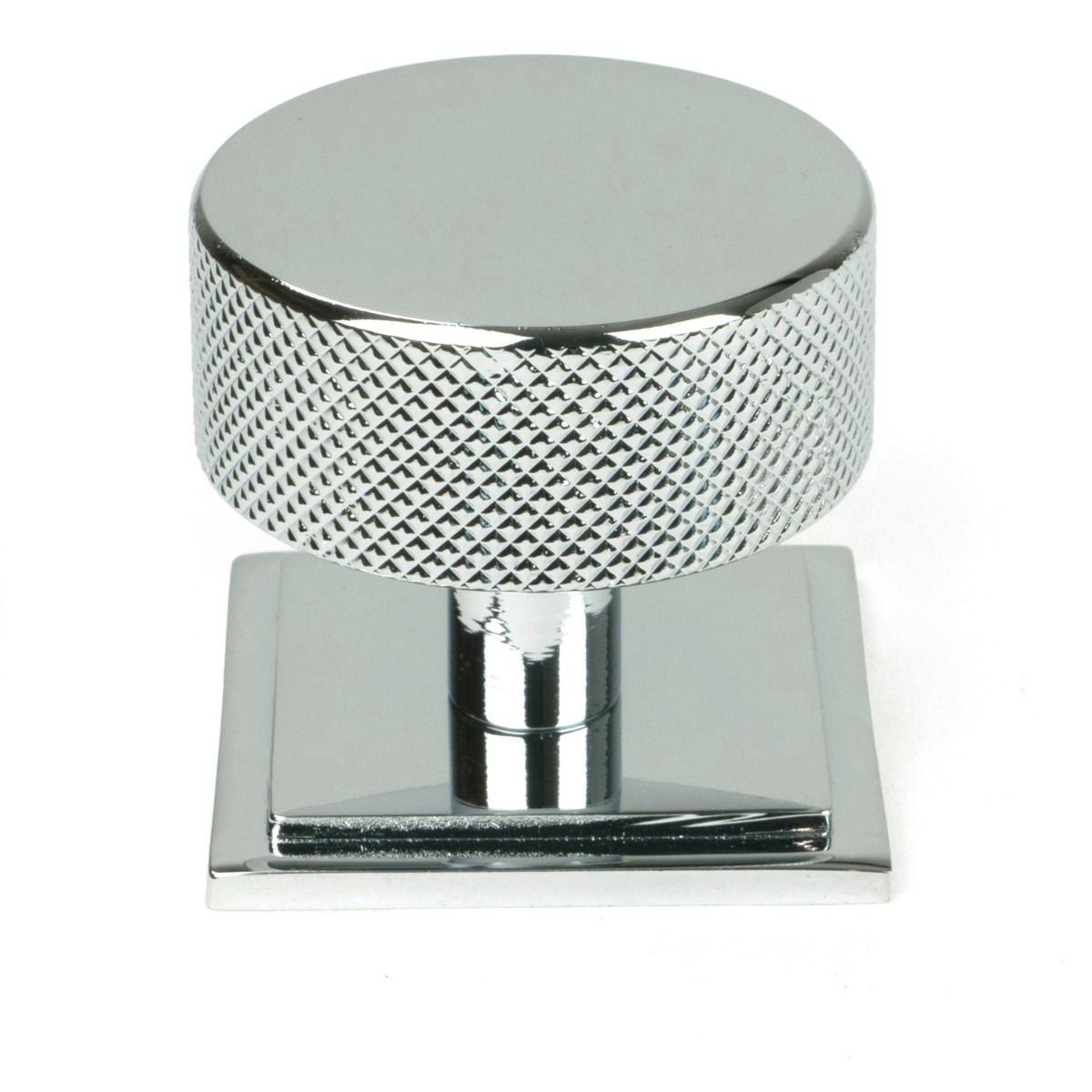 The 38mm Knurled Cabinet Knob on a Square Rose in Polished Chrome Shown Upright on a White Background