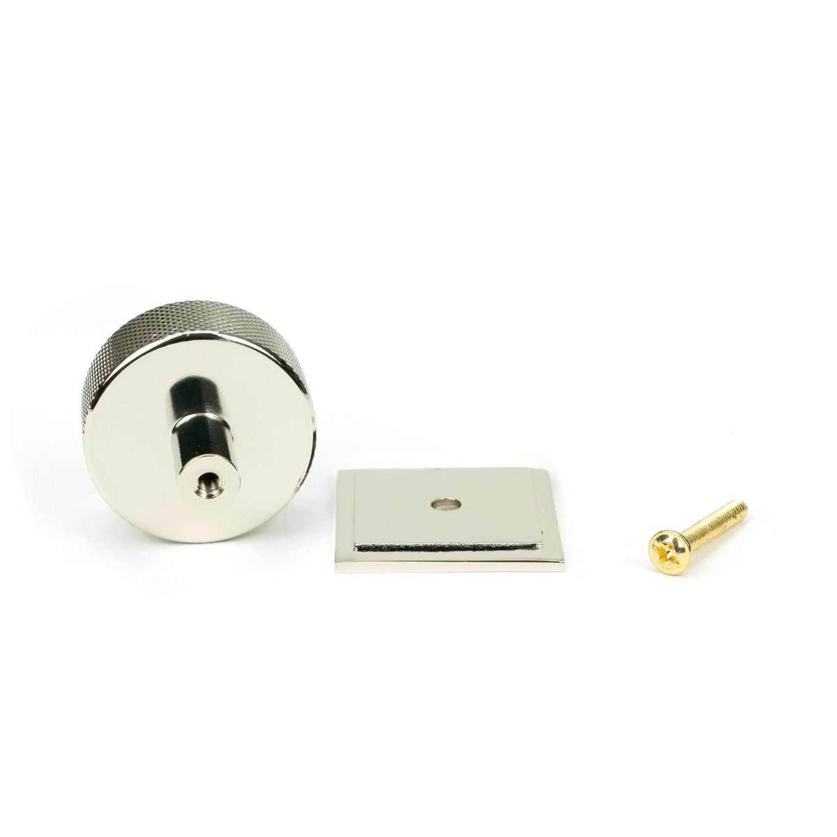 The 38mm Knurled Cabinet Knob on a Square Rose in Polished Nickel Showing the Separate Components and Supplied Fitting