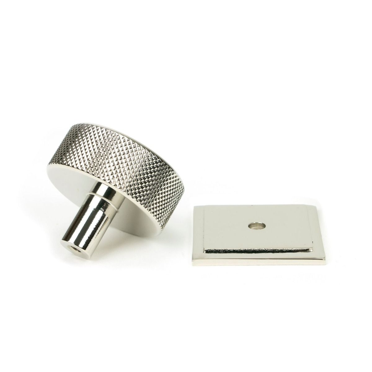 The 38mm Knurled Cabinet Knob on a Square Rose in Polished Nickel Shown from Behind on a White Background