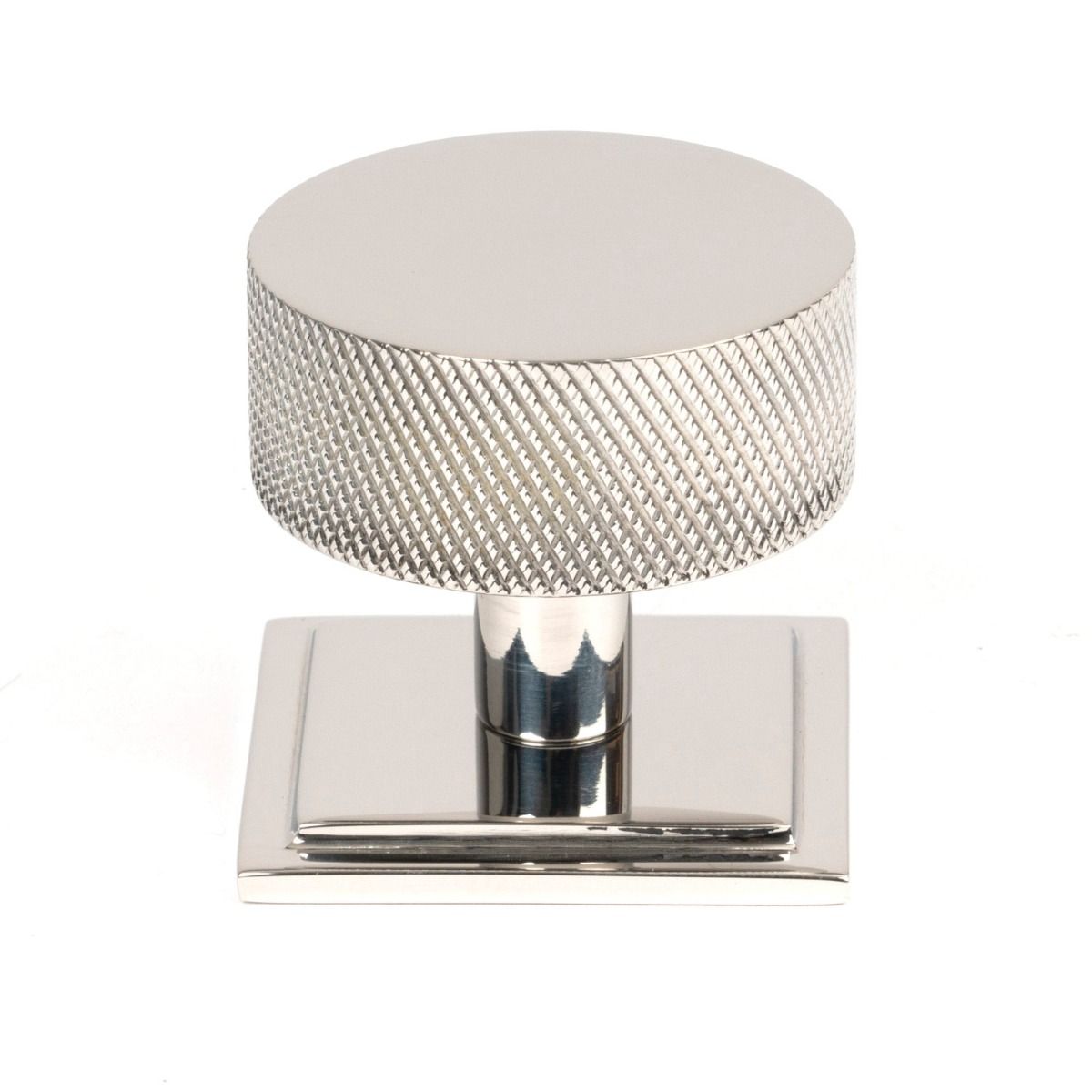 The 38mm Knurled Cabinet Knob on a Square Rose in Polished Stainless Steel Shown Upright on a White Background
