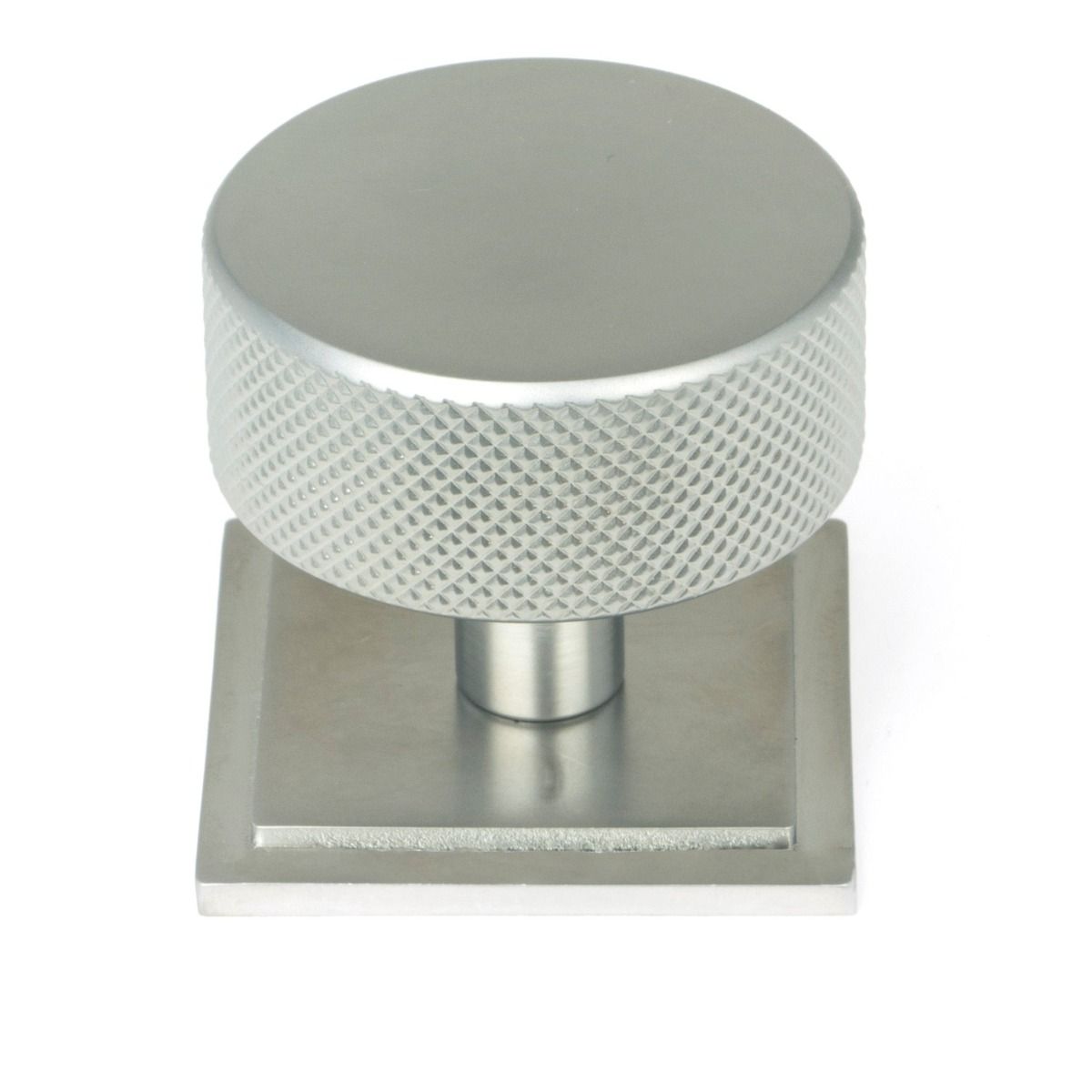 The 38mm Knurled Cabinet Knob on a Square Rose in Satin Chrome Shown upright on a White Background
