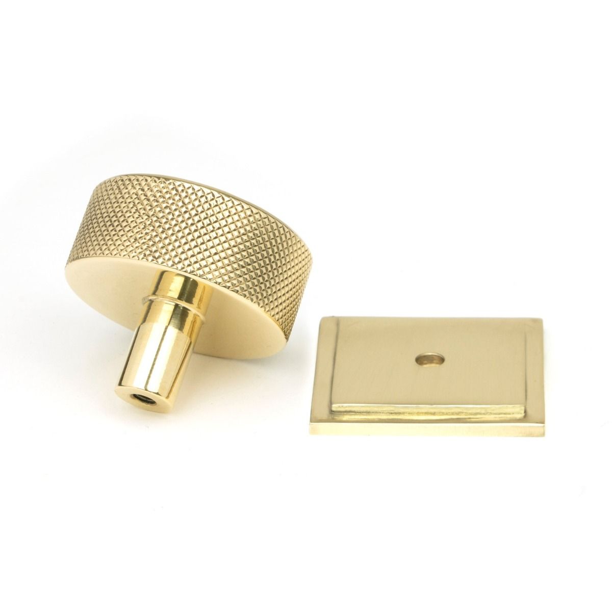 The 38mm Knurled Cabinet Knob on Square Rose in Polished Brass Displayed in Separate Sections on a White Background
