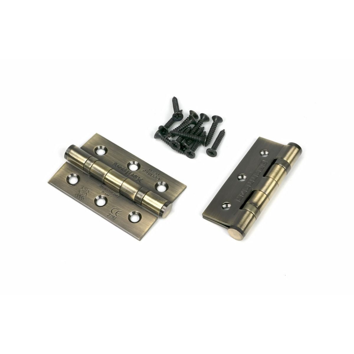 The 3" "Harrogate" Premium Ball Bearing Butt Hinge Sold as a Pair in an Aged Brass Finish Shown Open and Closed with Screws