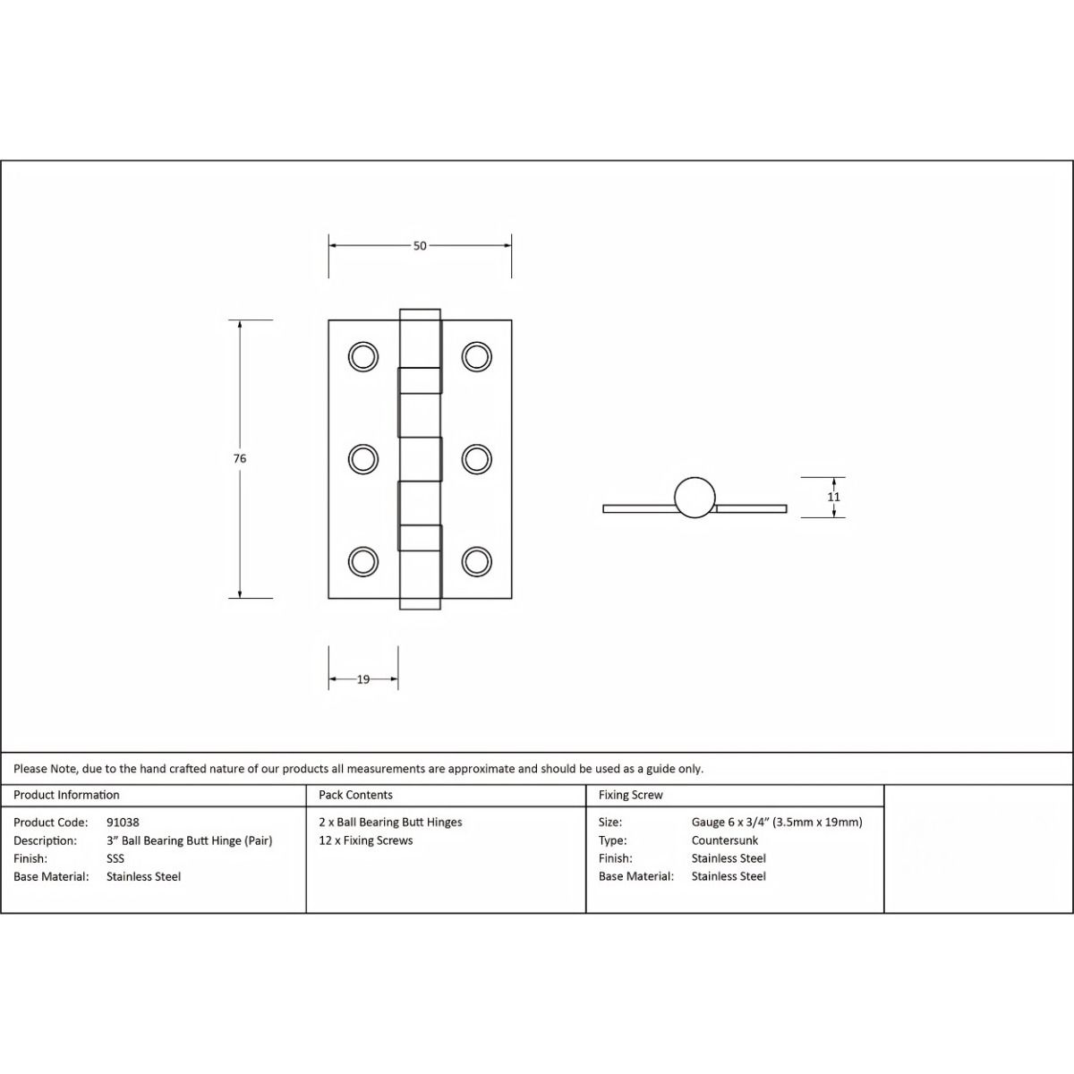 The 3" "Harrogate" Premium Ball Bearing Butt Hinge Technical Drawing and Dimensions