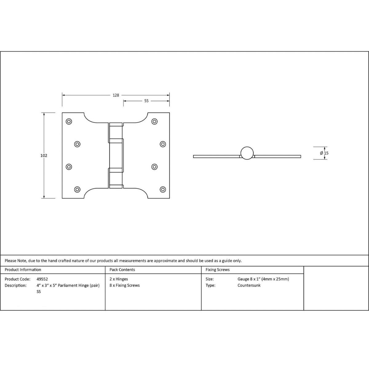The 3 Inch Heavy Duty Parliament Door Hinges (Pair) in Polished Stainless Steel Technical Drawings and Dimensions