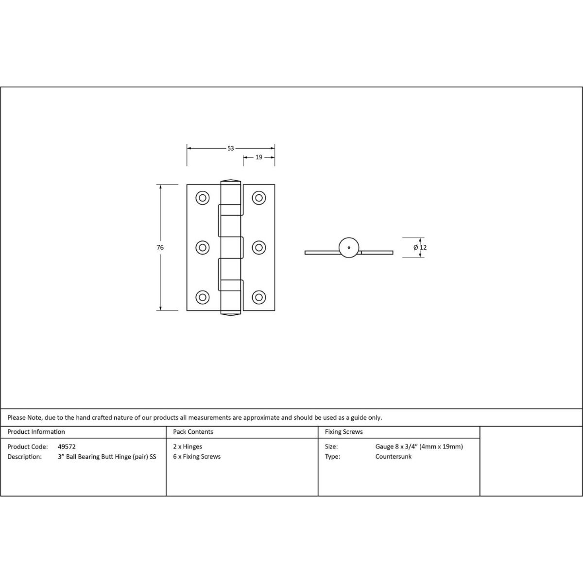 The 3 Stainless Steel Ball Bearing Butt Hinges (Pair) in Polished Brass Technical Drawings and Dimensions