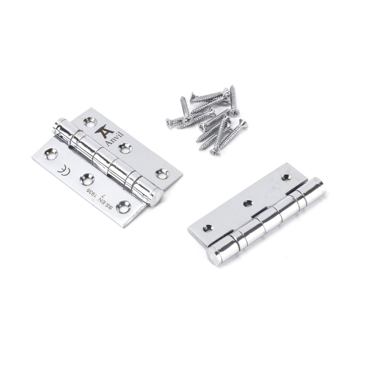 The 3 Stainless Steel Ball Bearing Butt Hinges (Pair) in Polished Chrome on a White Background with Supplied Screws