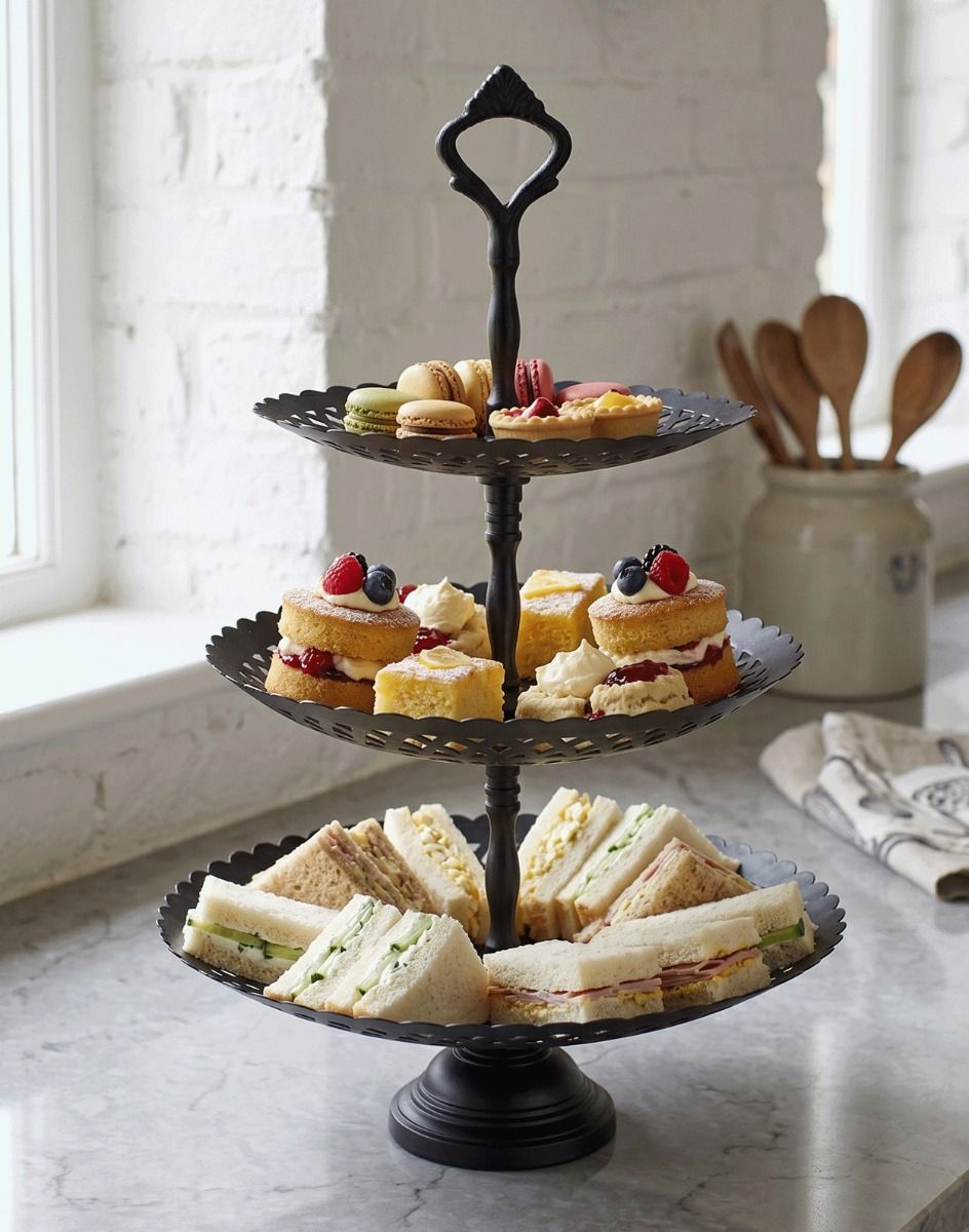 The 3 Tier Black Table Top Cake Display Stand on a Marble Kitchen Work Surface with Cakes and Sandwiches on Display - Digital Illustration