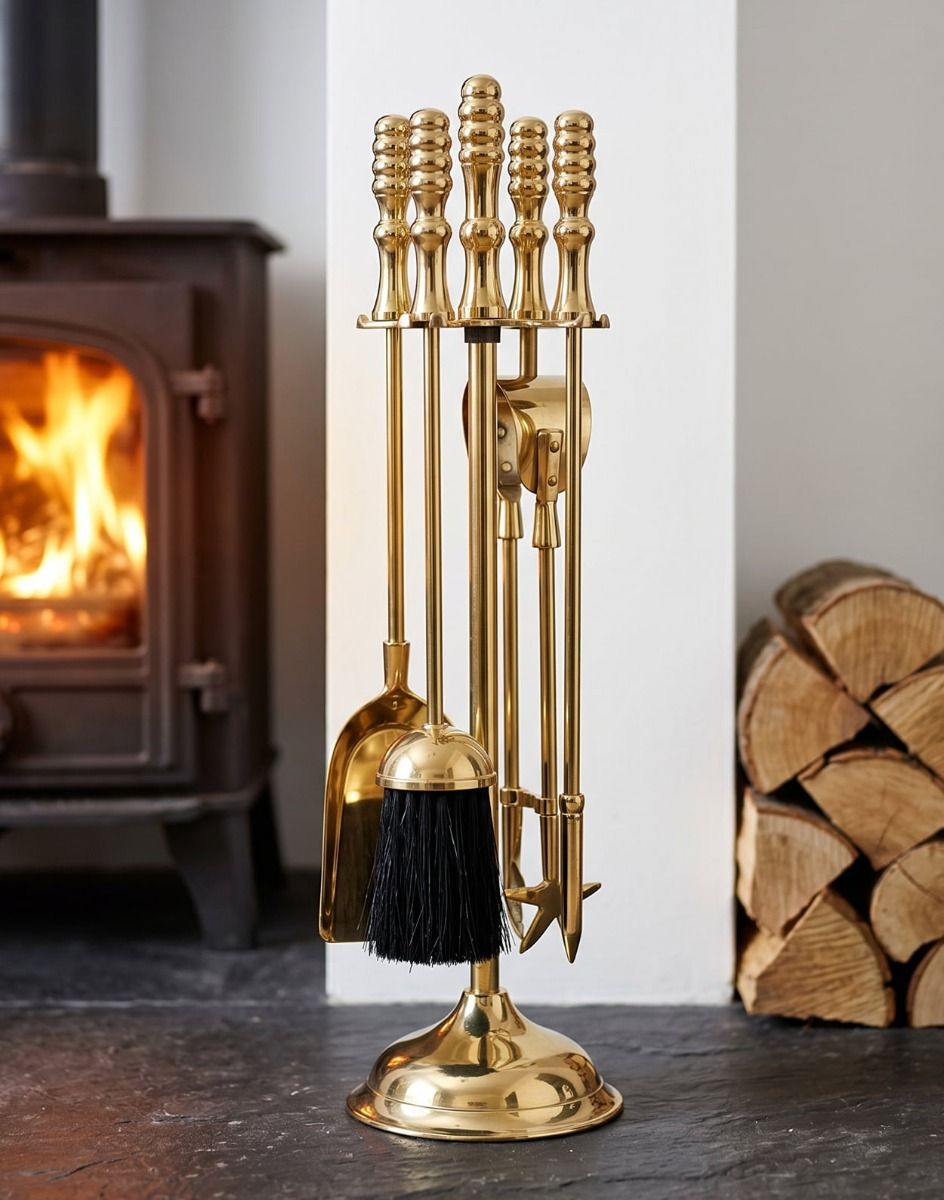 The 40cm Deluxe "Empress" Brass Fireside Companion Set in Front of a Log Burner Stove on a Black Hearth - Digital Illustration 