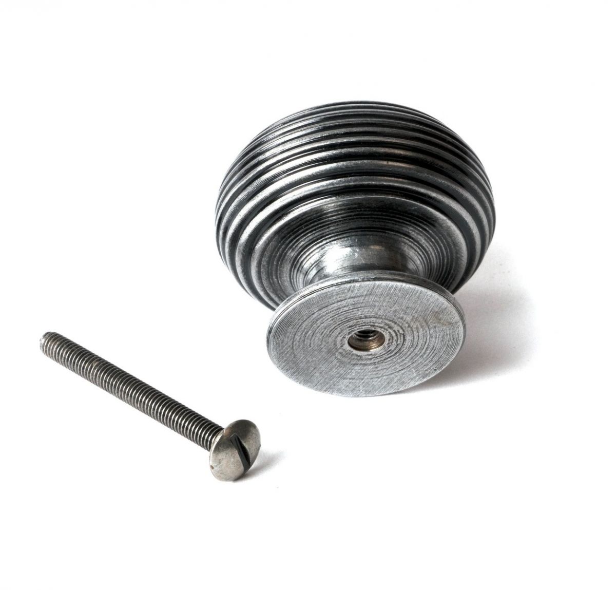 The 40mm "Garrison" Ribbed Beehive Knob in Pewter on a White Background Shown from Behind with the Screw.jpeg