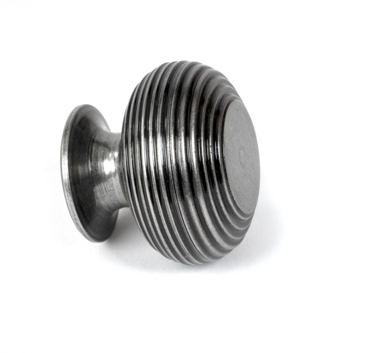 The 40mm "Garrison" Ribbed Beehive Knob in Pewter on a White Background Viewed Side on