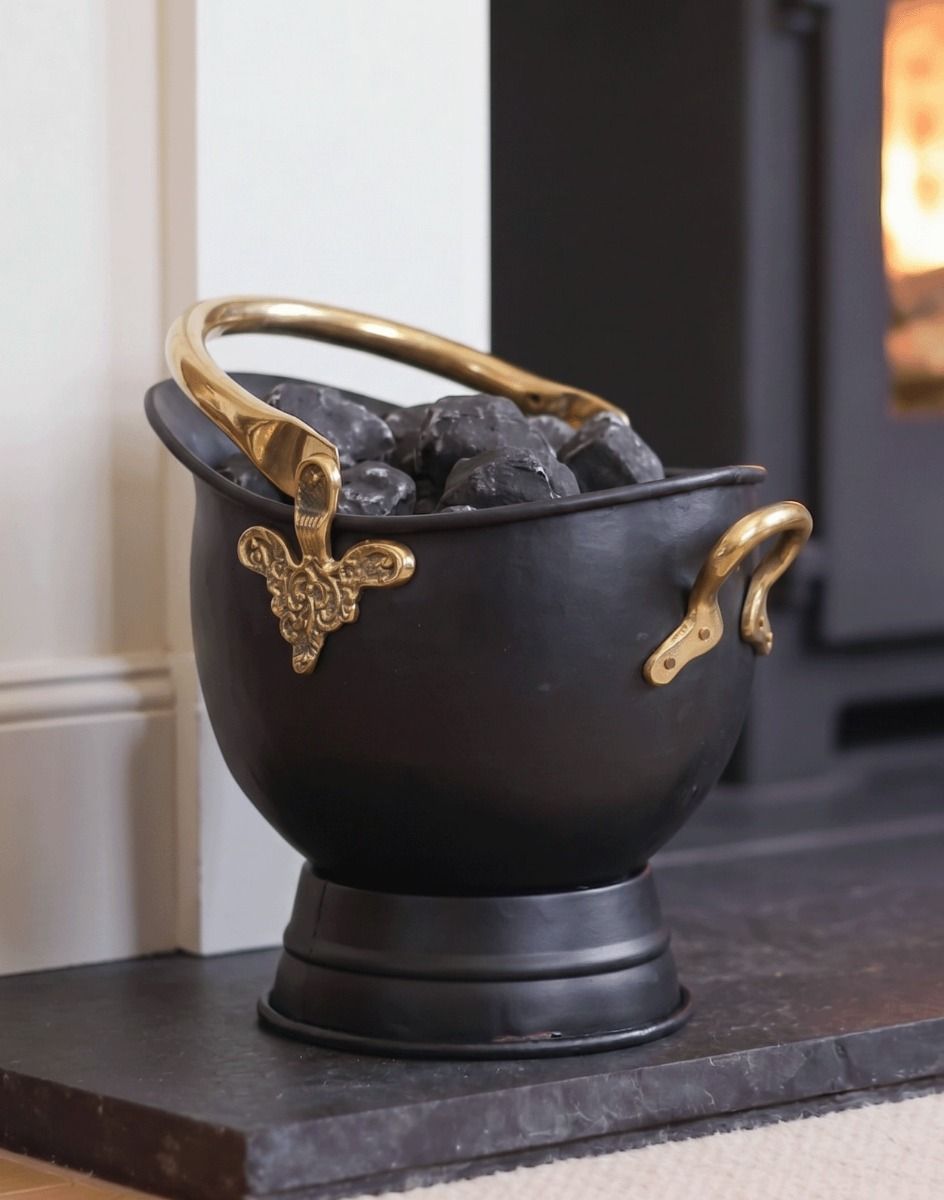 The 41cm "Countess" Coal Bucket Displayed in Front of a Black Log Burner Stove - Digital Illustration