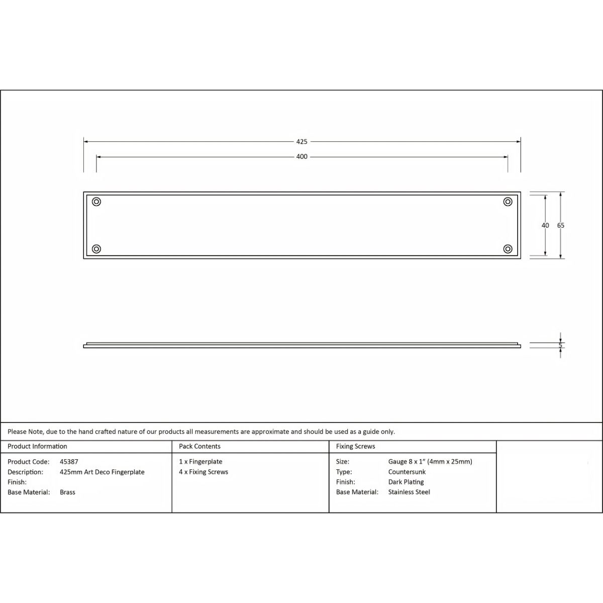 The 425mm Linear Period Fingerplate Door Push Plate Technical Drawing and Dimensions