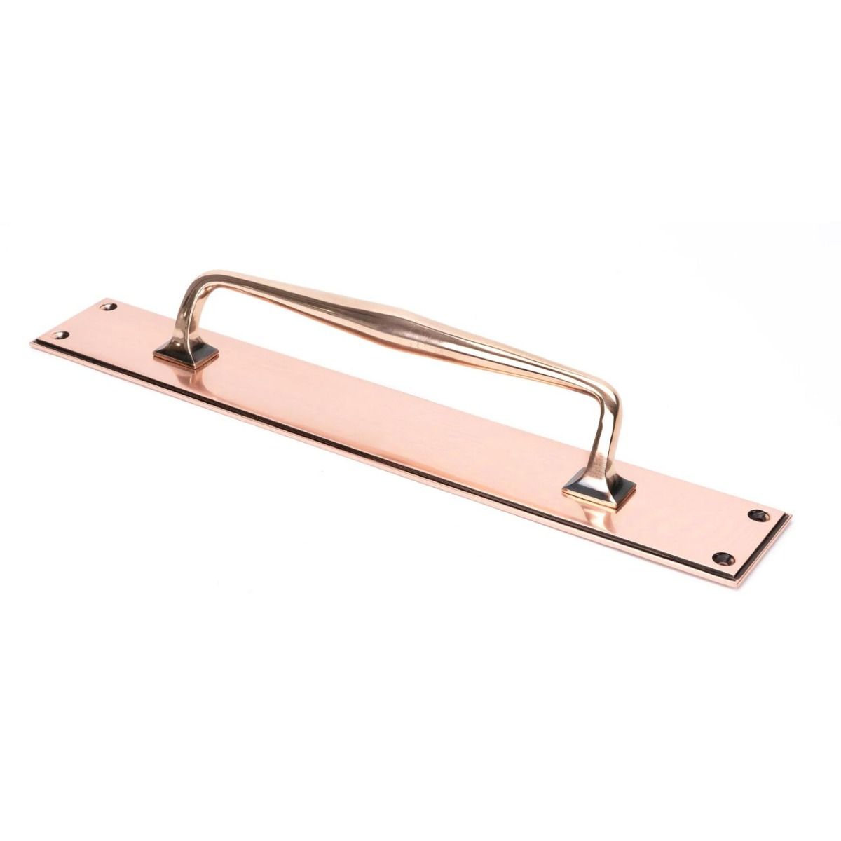The 425mm Swelled Grip Door Handle with Backplate in Polished Bronze on a White Background