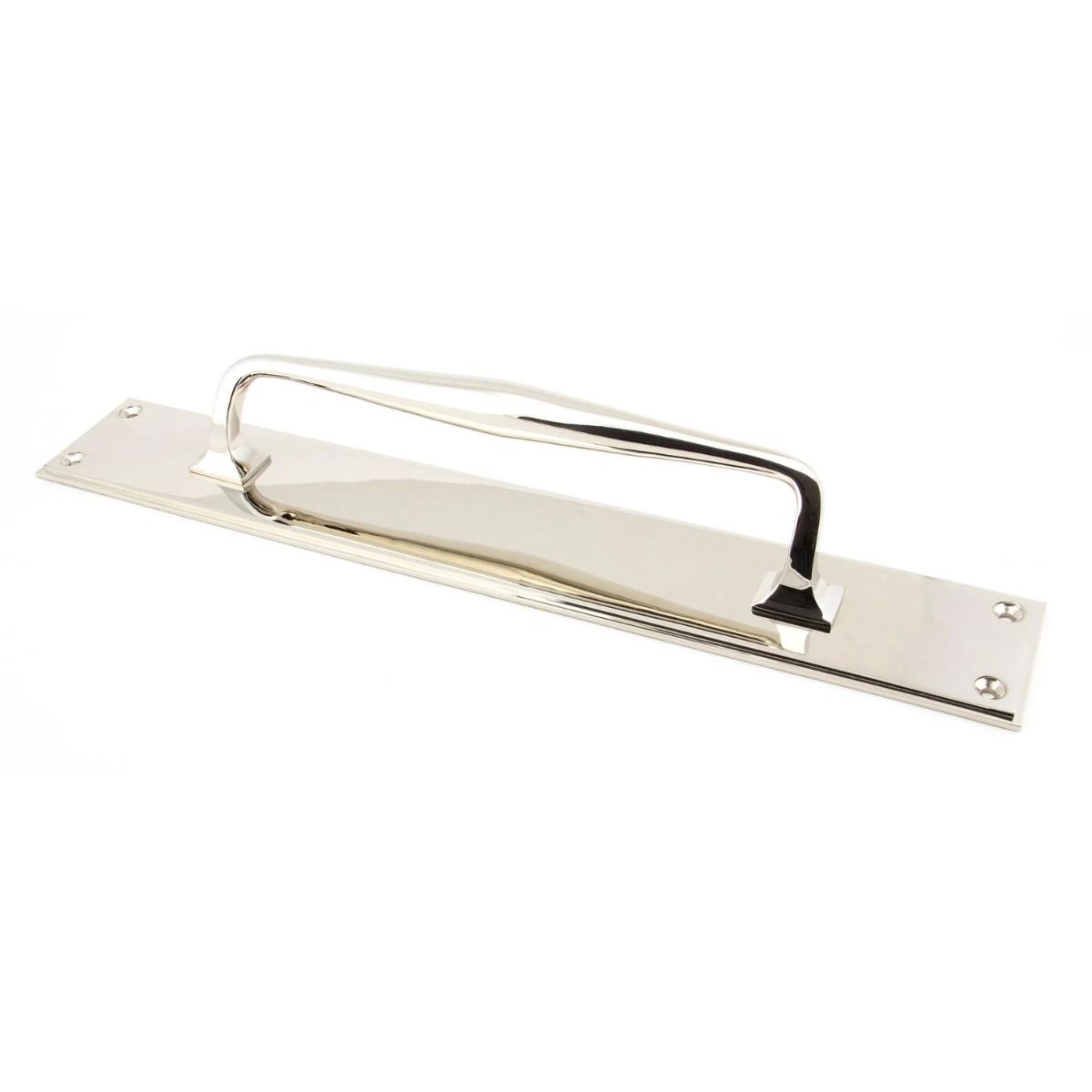 The 425mm Swelled Grip Door Handle with Backplate in Polished Nickel on a White Background 