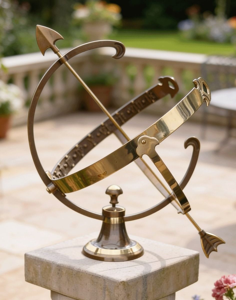 The 44cm Deluxe Antique Brass "Profatius" Armillary in a Sunny Garden on a Stone Pillar - Digital Illustration