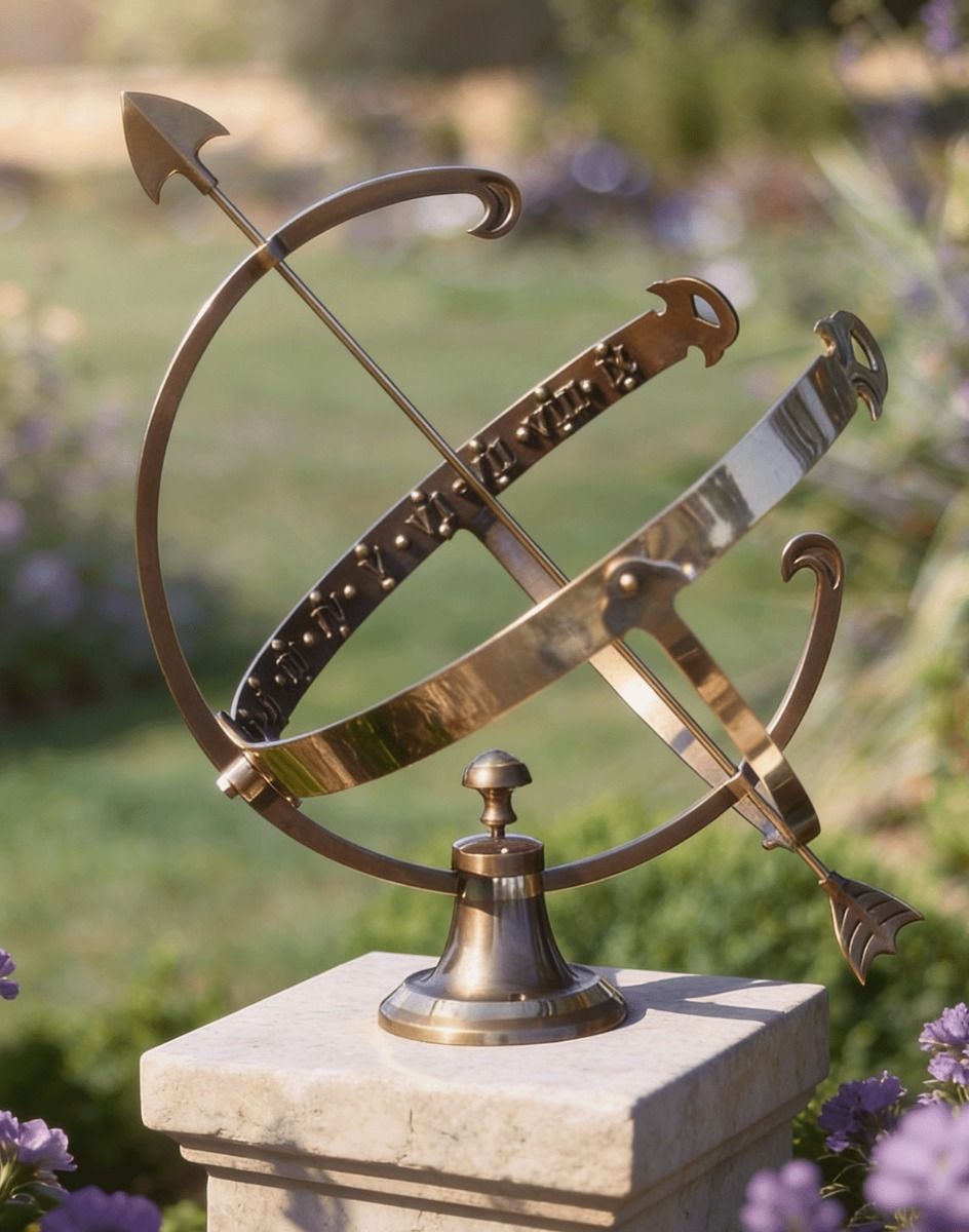 The 44cm Gold Painted "Profatius" Armillary on a Sunny Garden Pillar in a Heritage Garden - Digital Illustration 