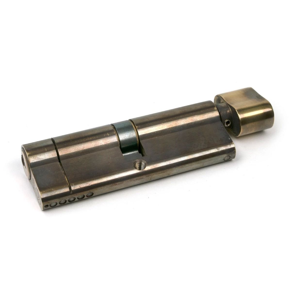 The 45/45 5-Pin Euro Cylinder Thumbturn Lock Keyed to Differ in Aged Brass on a White Background 