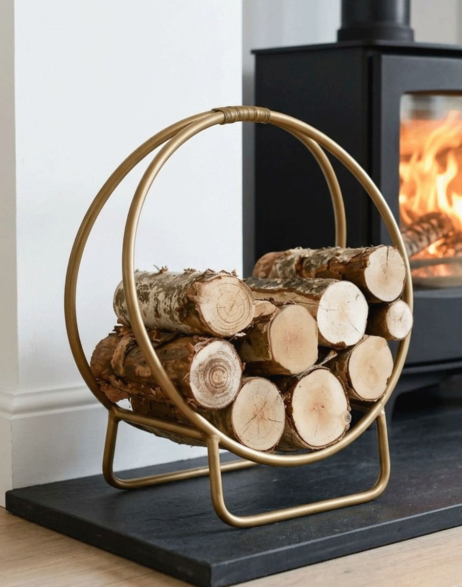The 45cm Gold Circular Log Rack & Holder next to a Log Burner Stove in a Modern Home - Digital Illustration