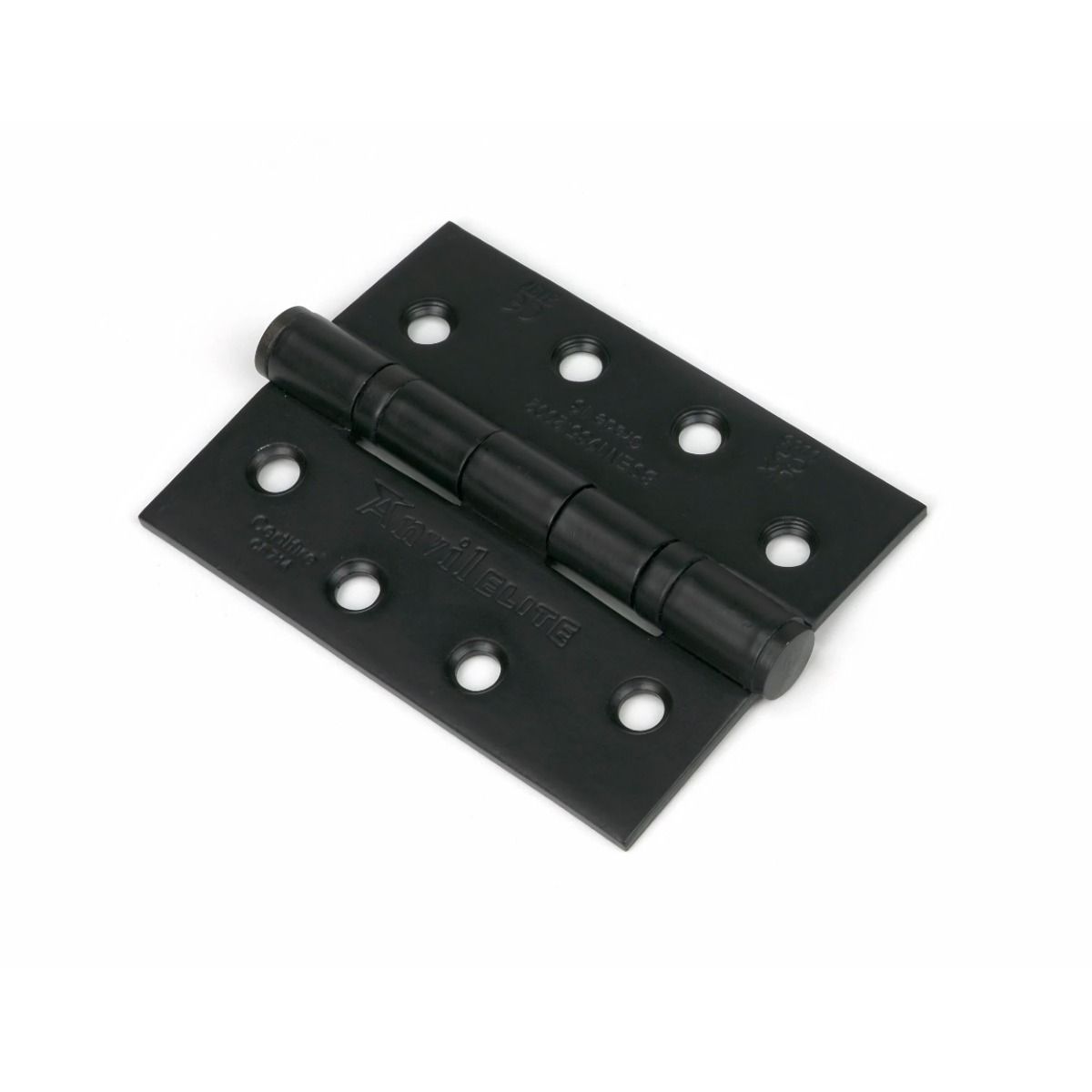 The 4" "Harrogate" Premium Ball Bearing Butt Hinge on a White Background in a Black Finish