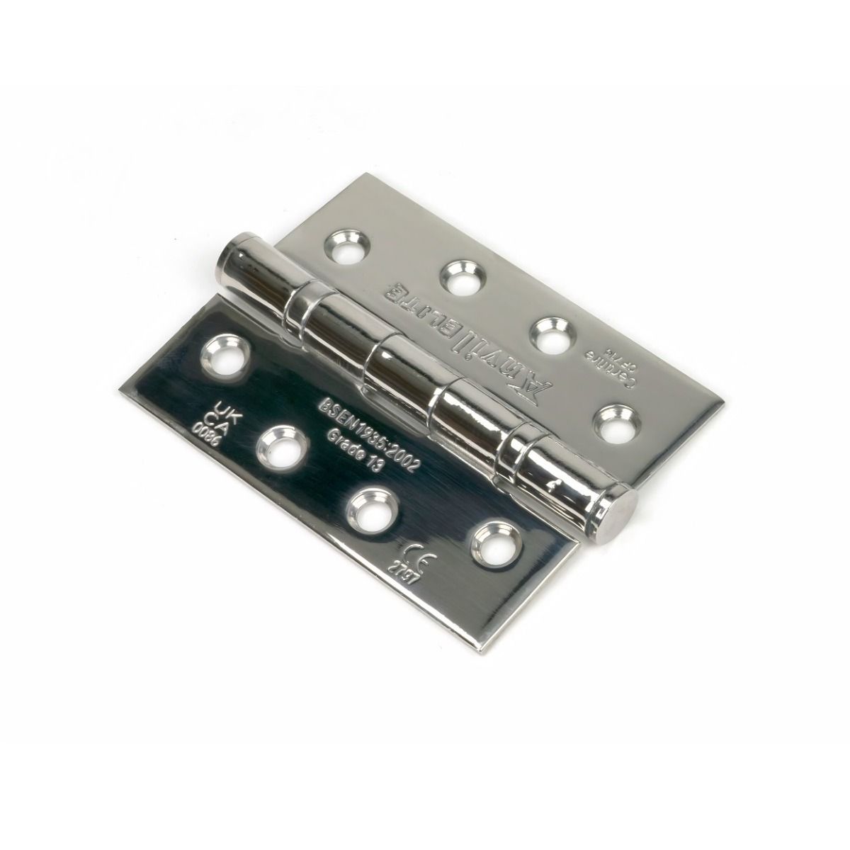 The 4" "Harrogate" Premium Ball Bearing Butt Hinge on a White Background in a Polished Steel Finish.