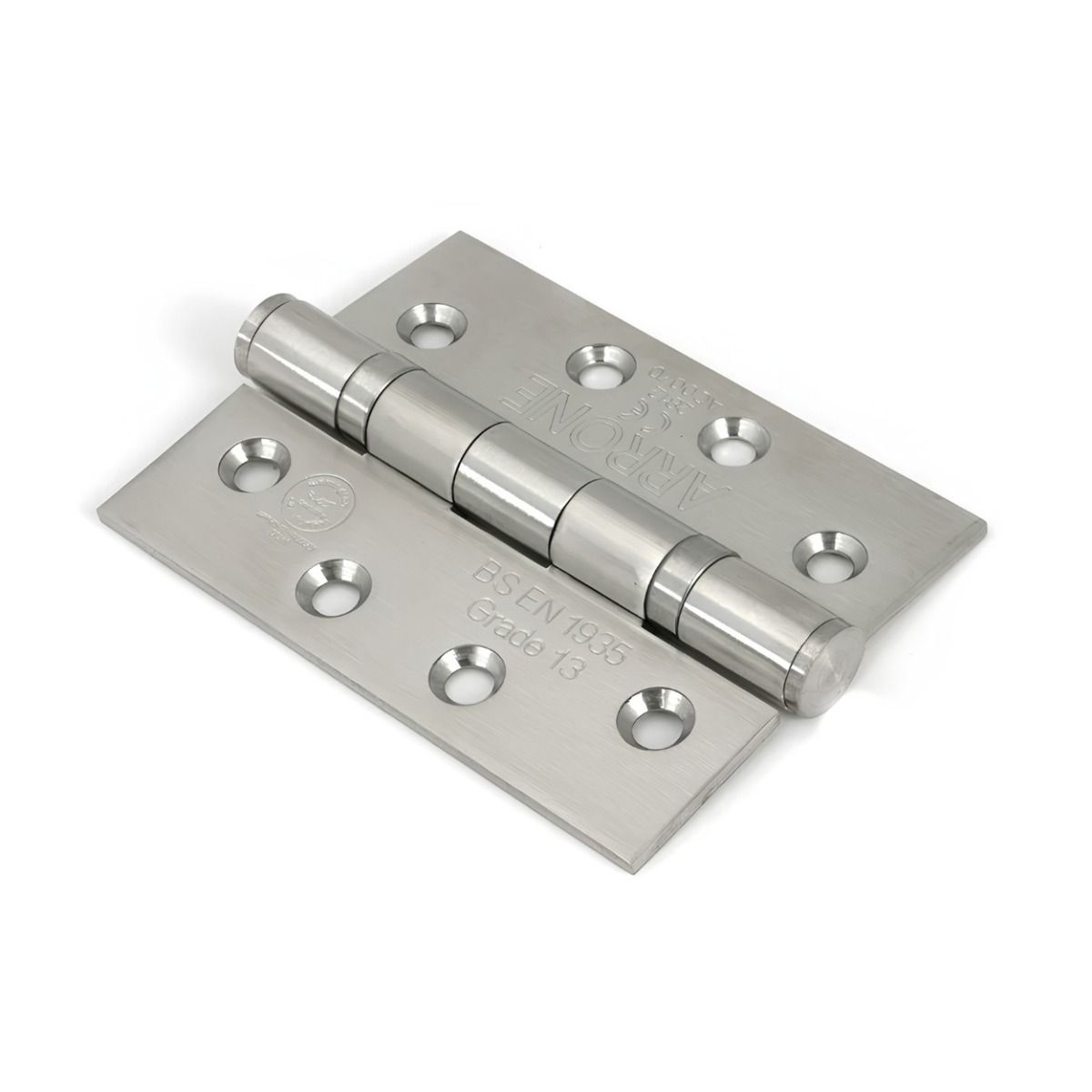 The 4" "Harrogate" Premium Ball Bearing Butt Hinge on a White Background in a Satin Steel Finish