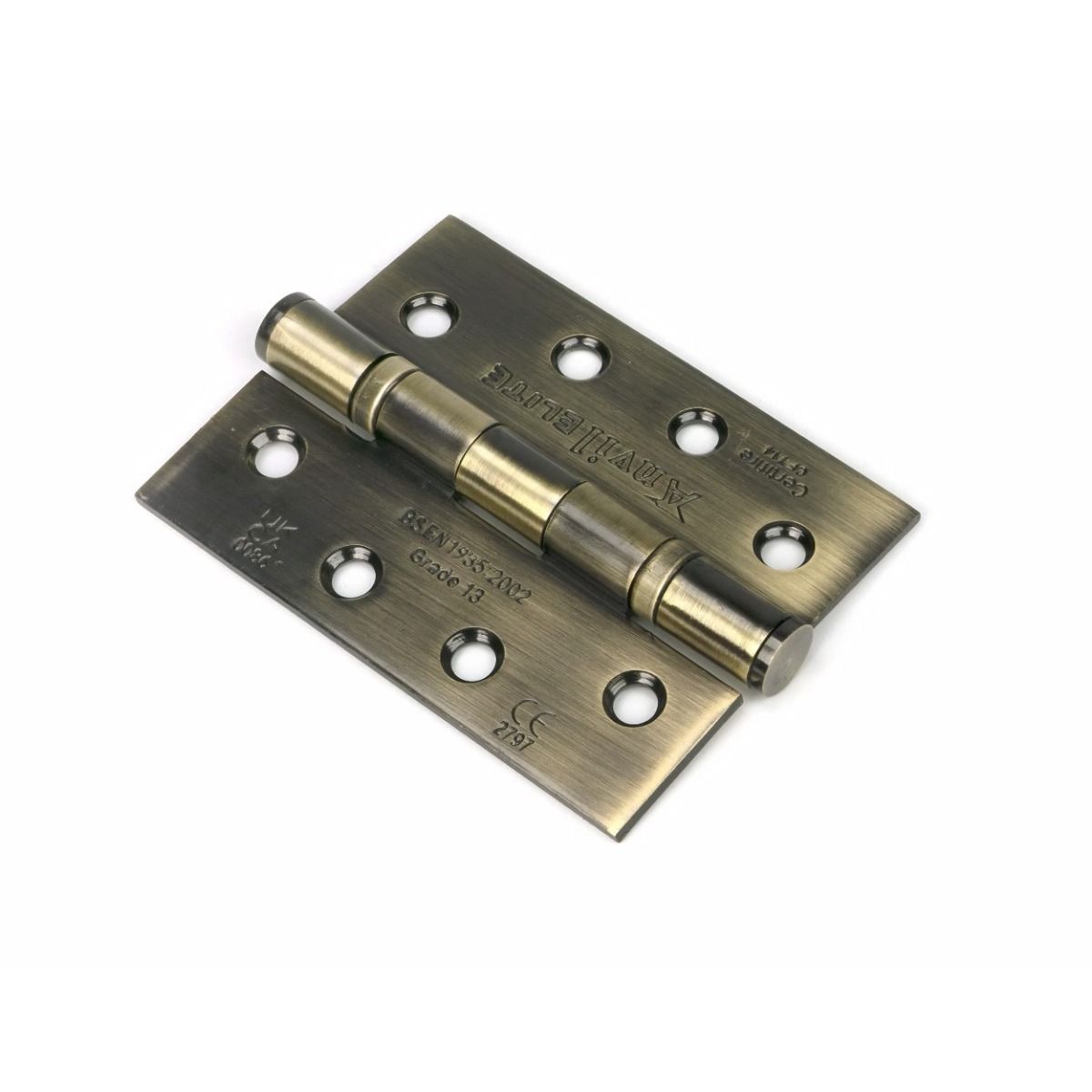 The 4" "Harrogate" Premium Ball Bearing Butt Hinge on a White Background in an Aged Brass Finish 
