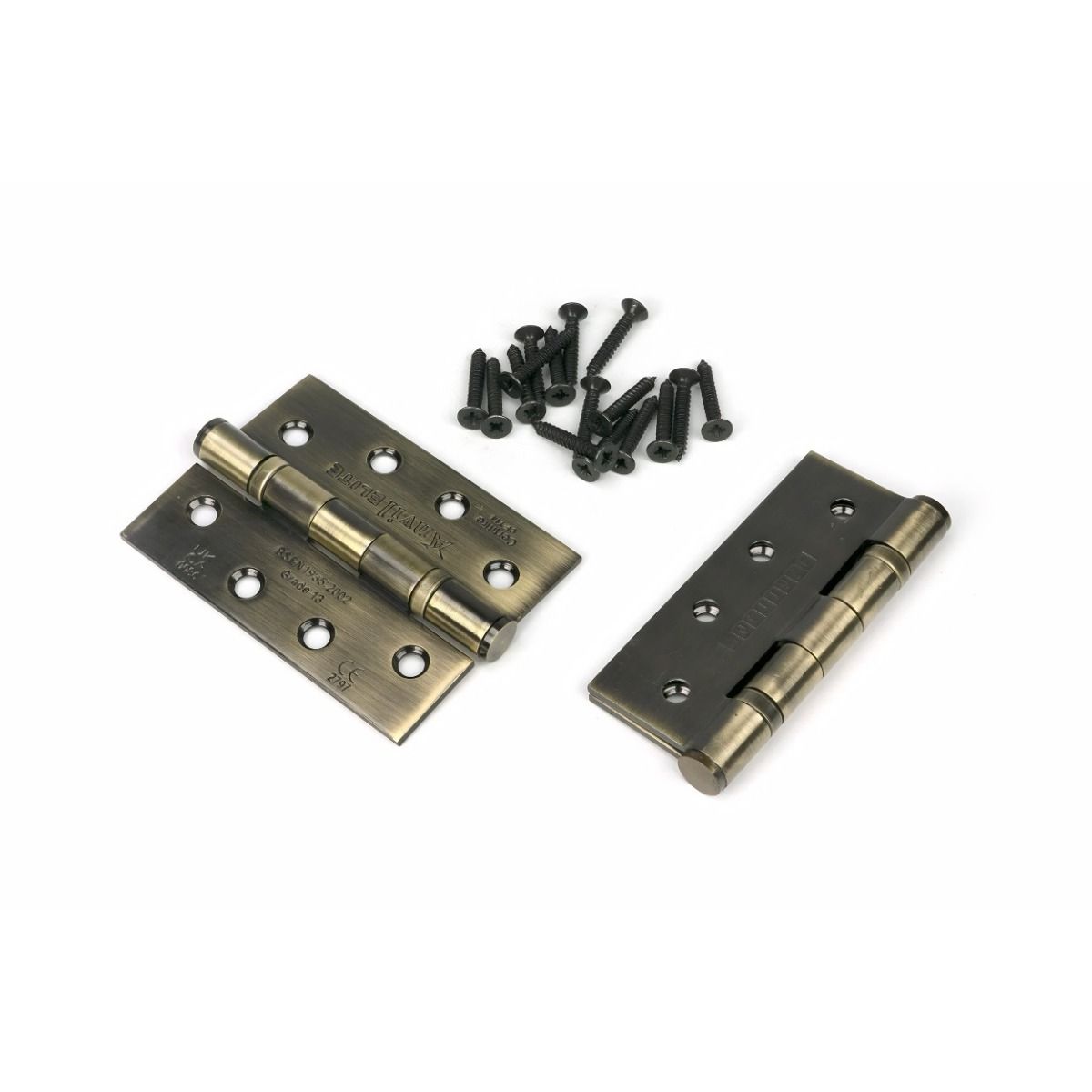 The 4" "Harrogate" Premium Ball Bearing Butt Hinge Sold as a Pair Shown in an Open and Closed Position with Screws 