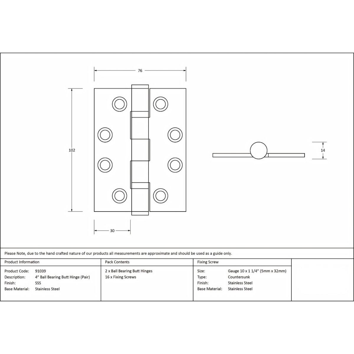 The 4" "Harrogate" Premium Ball Bearing Butt Hinge Technical Drawings and Dimensions
