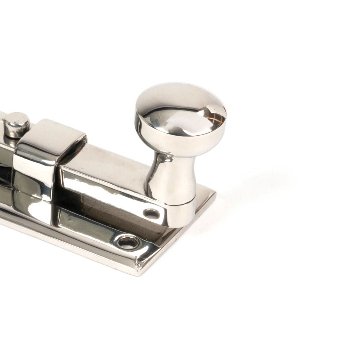 The 4" Polished Stainless Steel Universal Door & Window Bolt Close up of the Handle 