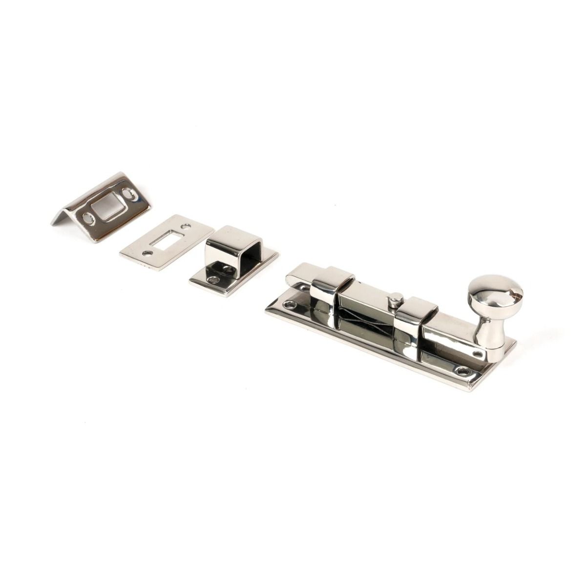 The 4" Polished Stainless Steel Universal Door & Window Bolt on a White Background 