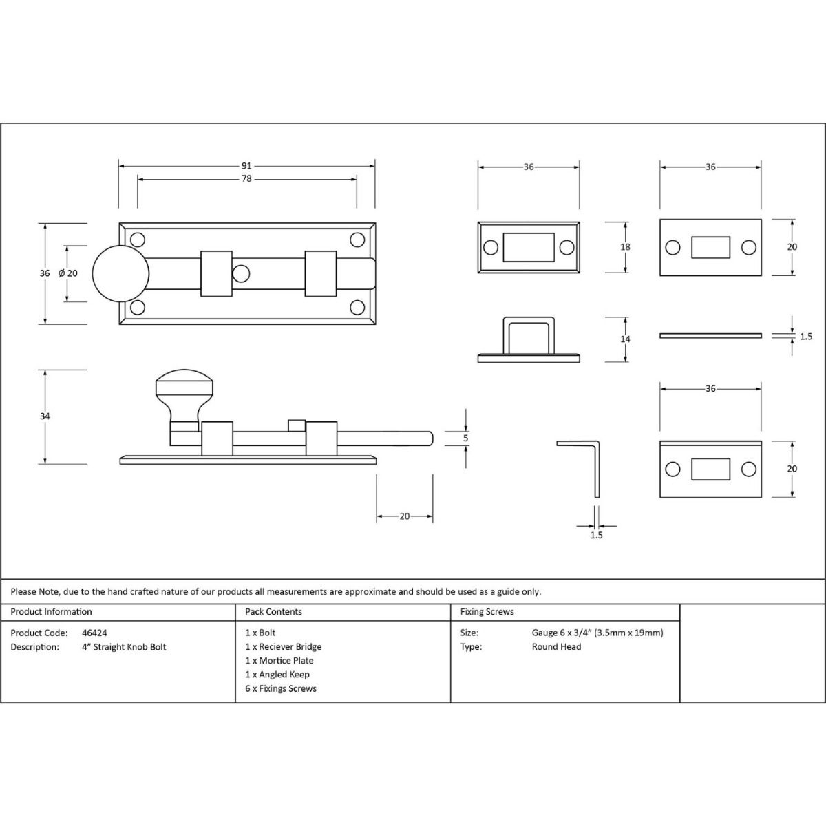 The 4" Satin Stainless Steel Universal Door & Window Bolt Technical Drawings and Dimensions 