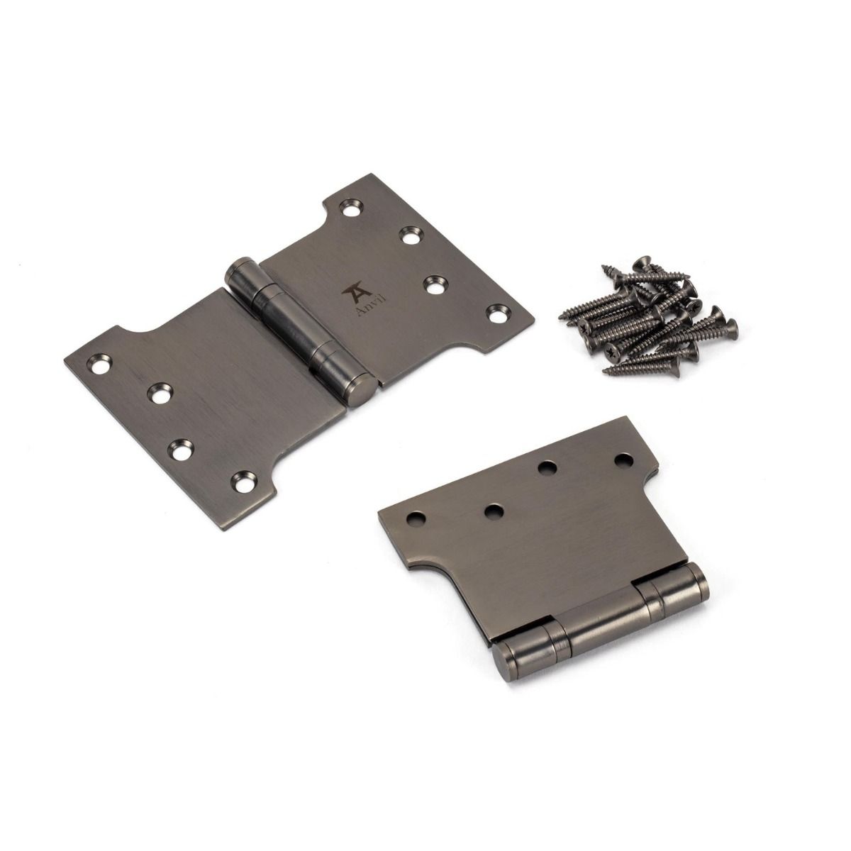 The 4" Heavy Duty Parliament Door Hinges (Pair) in Aged Bronze Shown on a White Background as a Pair with Supplied Screws