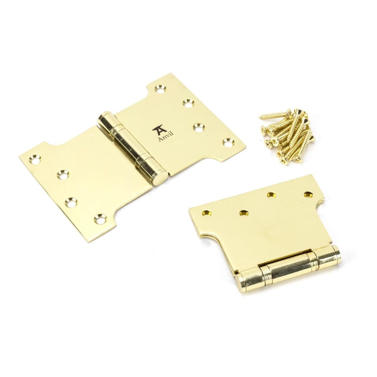 The 4" Heavy Duty Parliament Door Hinges (Pair) in Polished Brass Shown on a White Background as a Pair with Supplied Screws