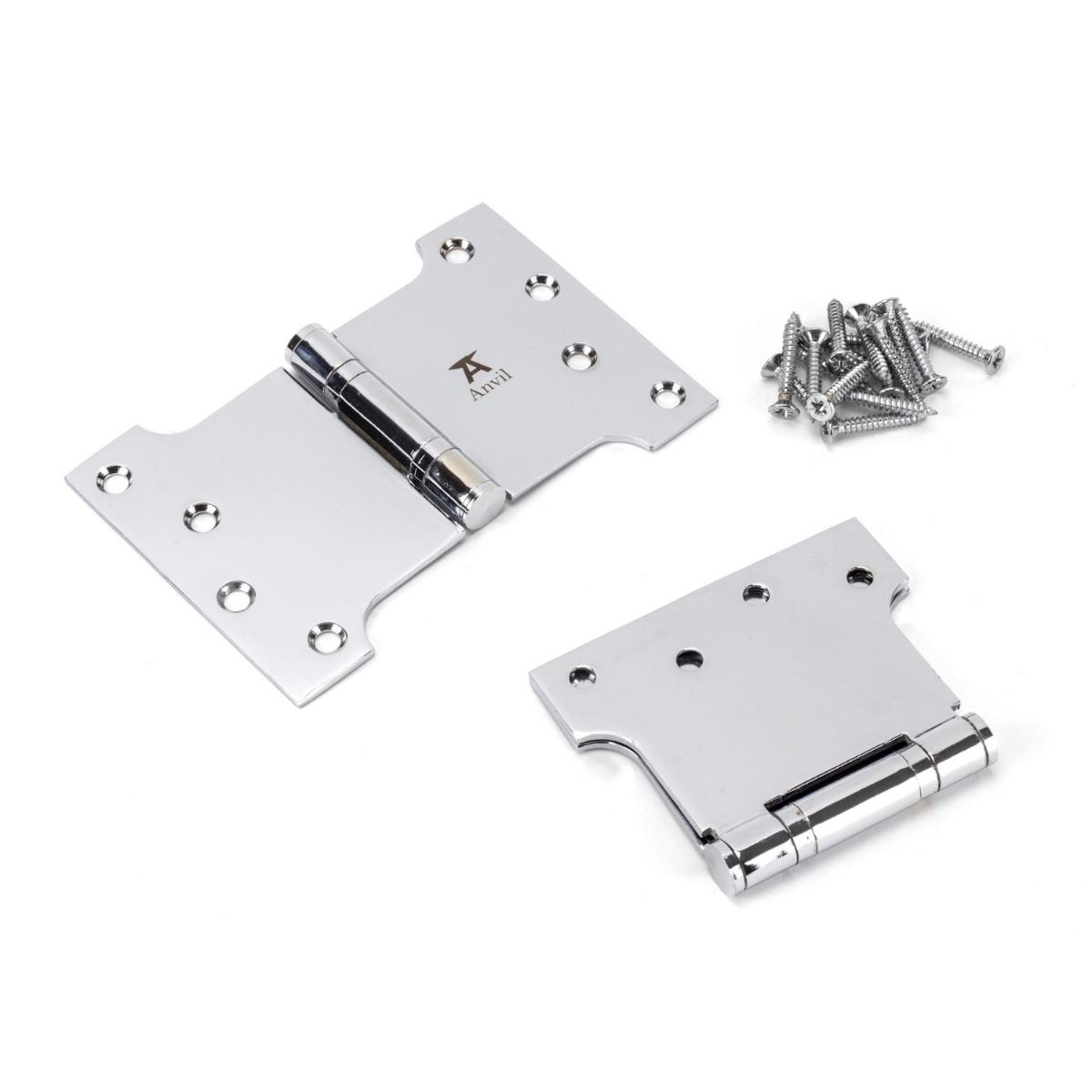The 4" Heavy Duty Parliament Door Hinges (Pair) in Polished Chrome Shown on a White Background as a Pair with Supplied Screws