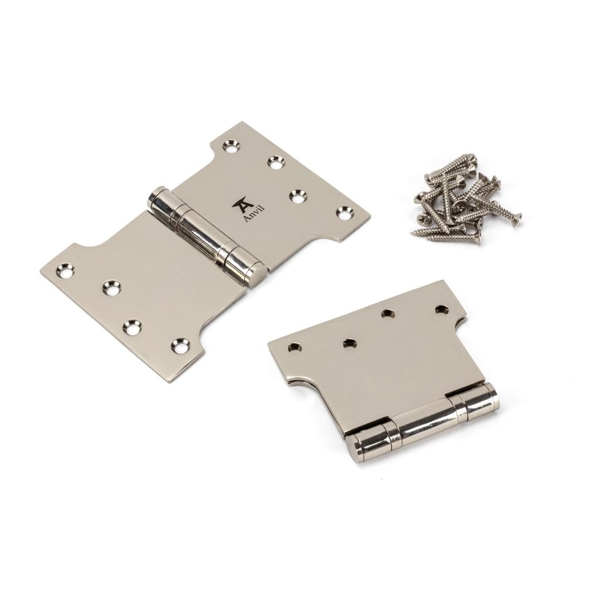 The 4" Heavy Duty Parliament Door Hinges (Pair) in Polished Nickel Shown on a White Background as a Pair with Supplied Screws