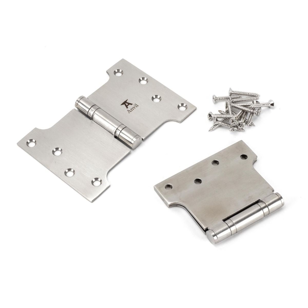 The 4" Heavy Duty Parliament Door Hinges (Pair) in Polished Nickel Shown on a White Background as a Pair with Supplied Screws