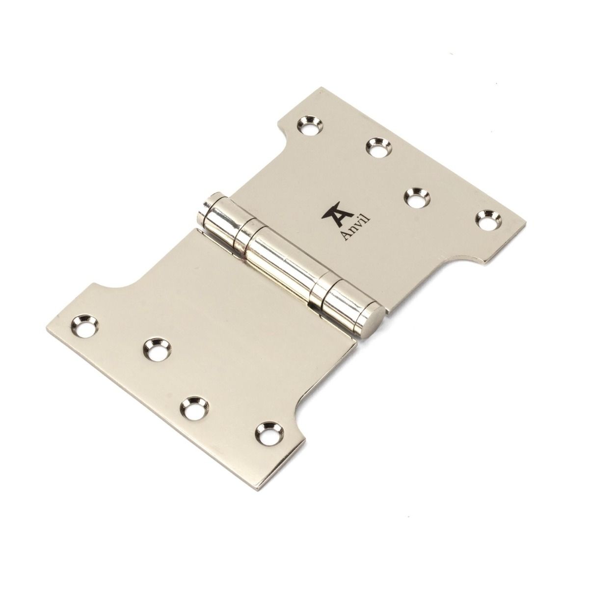 The 4" Heavy Duty Parliament Door Hinges (Pair) inPolished Nickel Shown on a White Background