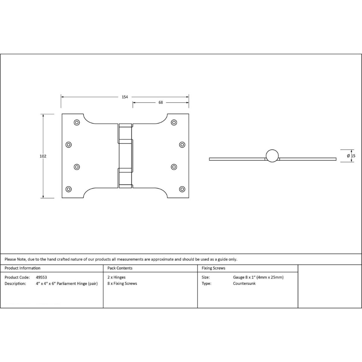 The 4"" Heavy Duty Parliament Door Hinges (Pair) Technical Drawings and Dimensions