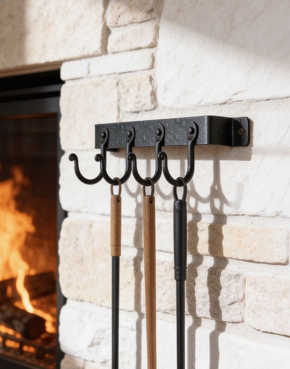 The 4 Hook "Blacksmith Style" Wall Mounted Fireside Tool Rack Mounted on a White Brick Wall Next to a Lit Fire - Digital Illustration 