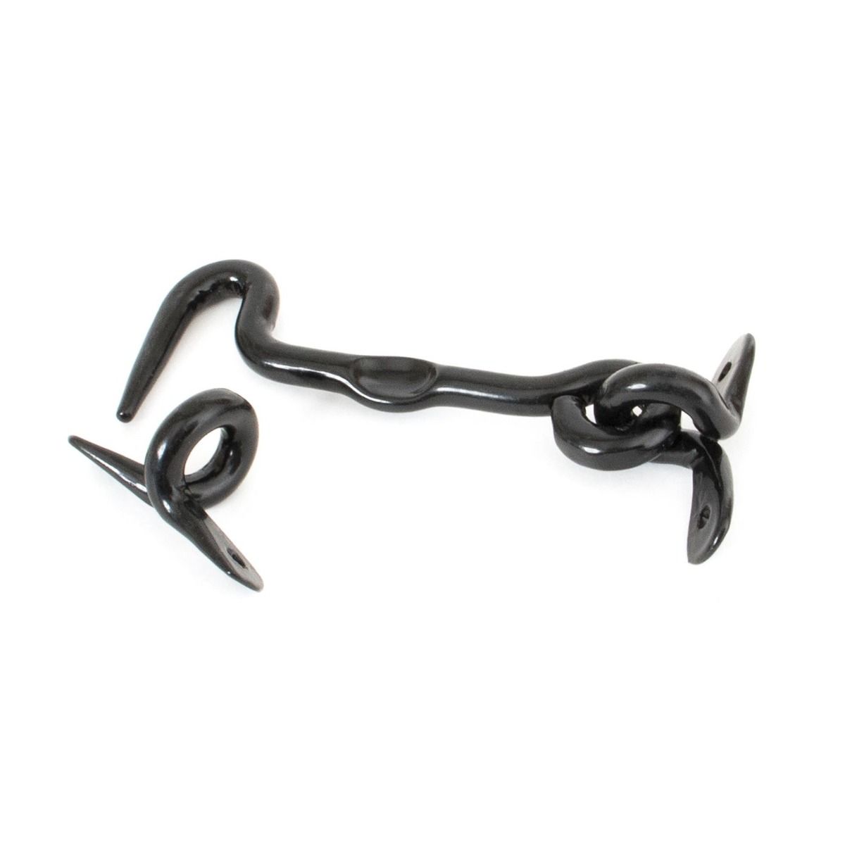 The 4 Inch Forged Iron Cabin Hook in a Black Finish on a White Background